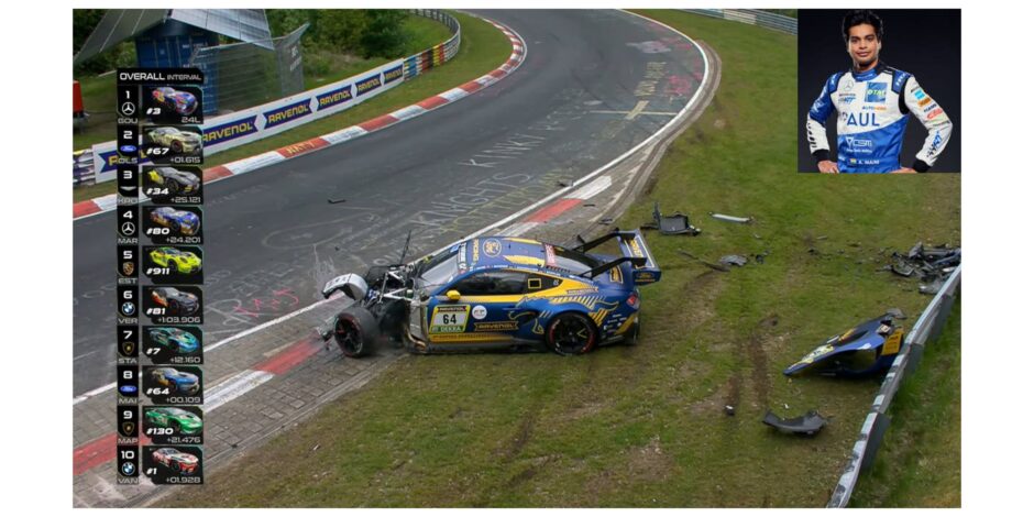 Arjun Maini crashed the #64 Ford Mustang GT3